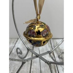 Vintage Gold Cloisonné Sleigh Jingle Bell Christmas Ornament Peacock Rose Love